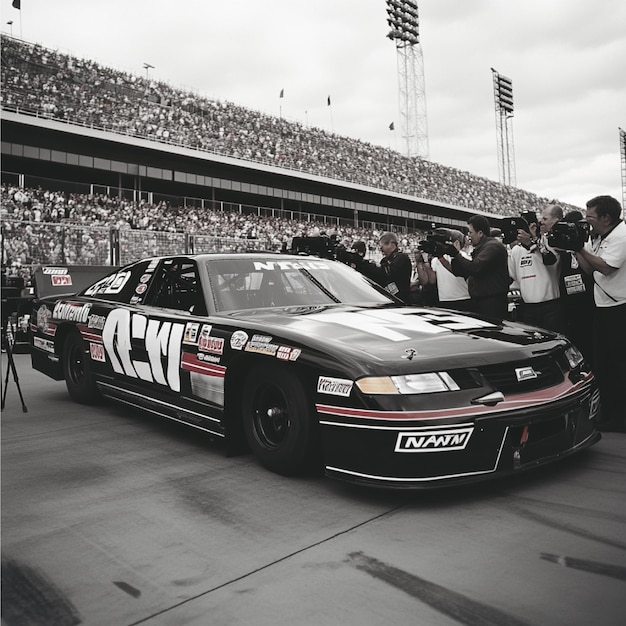 Photo a nascar car in a promotional event with sponsor banners and photographers