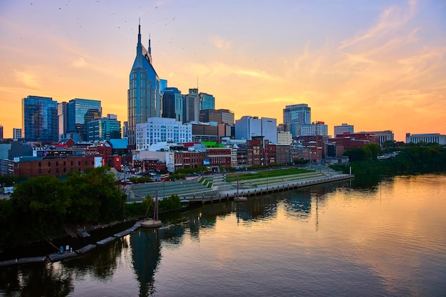 Nashville Skyline at Sunset with River Reflections Elevated View