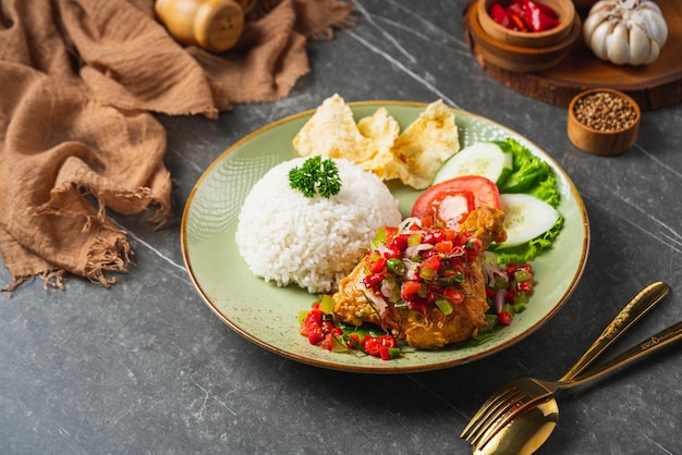 Photo nasi ayam geprek is indonesian food crispy fried chicken with hot and spicy sambal bawang served with rice