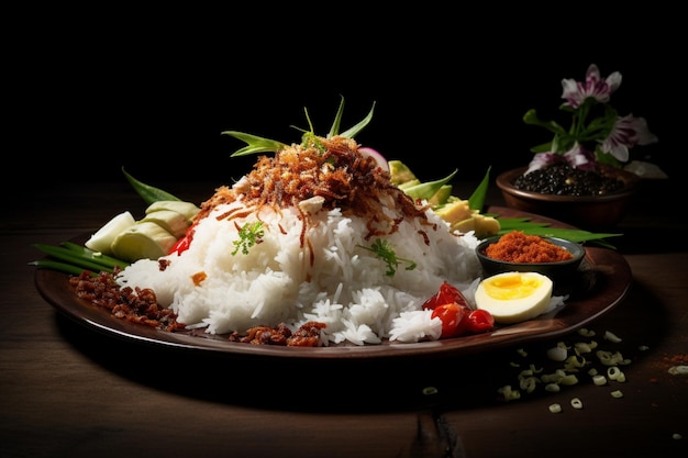 Photo nasi campur with spiced coconut flakes