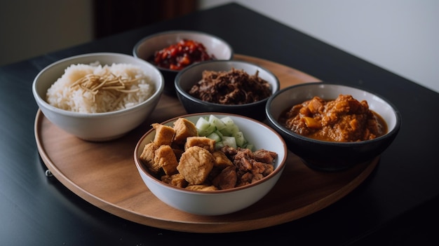 Nasi Gudeg with spicy cattle skin cracker stew and white chicken curry