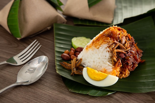 Nasi lemak pack in banana leaf popular breakfast in Malaysia