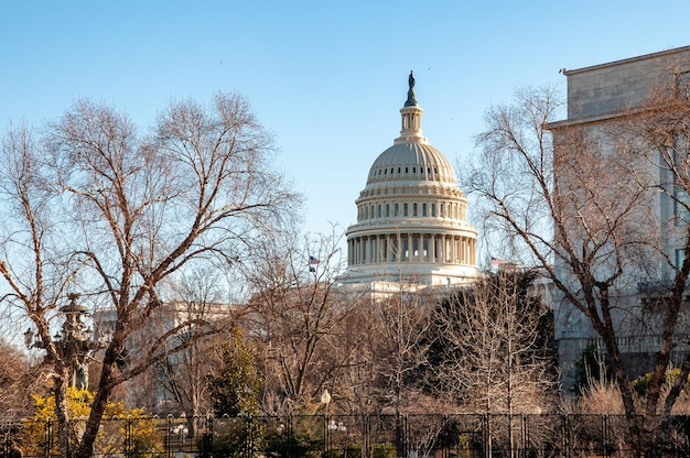 National Capitol Building behind fences and razor wire, March 7th, 2021