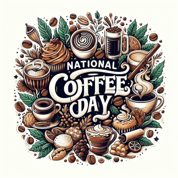 National Coffee Day lettering in white background