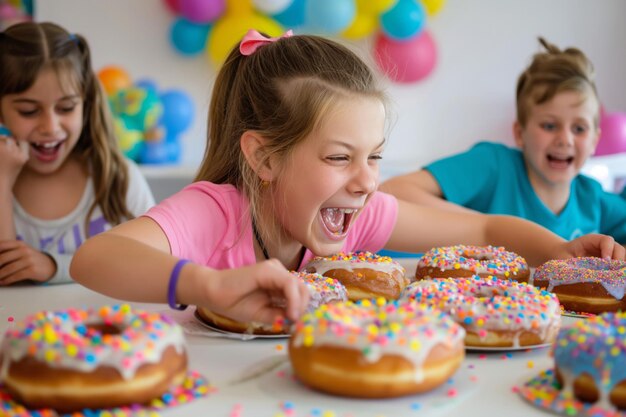 National Donut day Children at table sharing donuts with sprinkles smiling