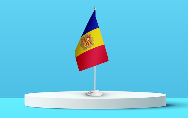 The National flag of andorra on a 3D podium and blue backkground.