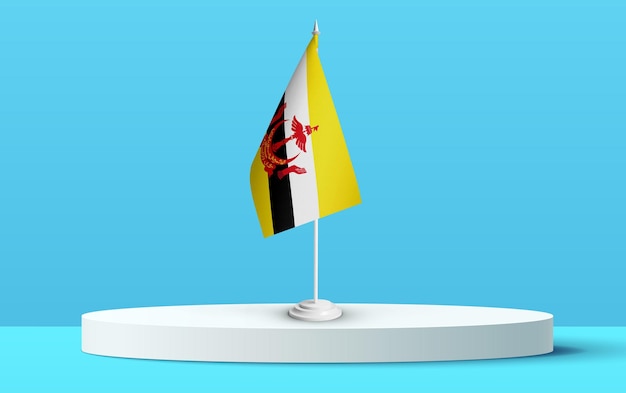 The National flag of brunei on a 3D podium and blue backkground.