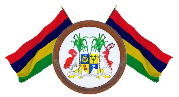 National flag and the coat of arms 3D illustration of Barbados Background with flag of Mauritius