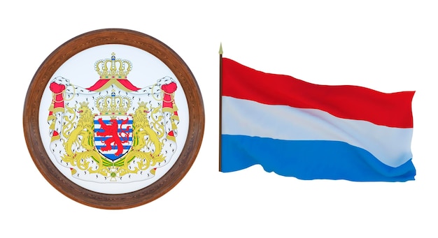 National flag and the coat of arms 3D illustration of Luxembourg