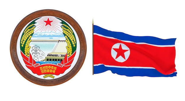 National flag and the coat of arms 3D illustration of North Korea