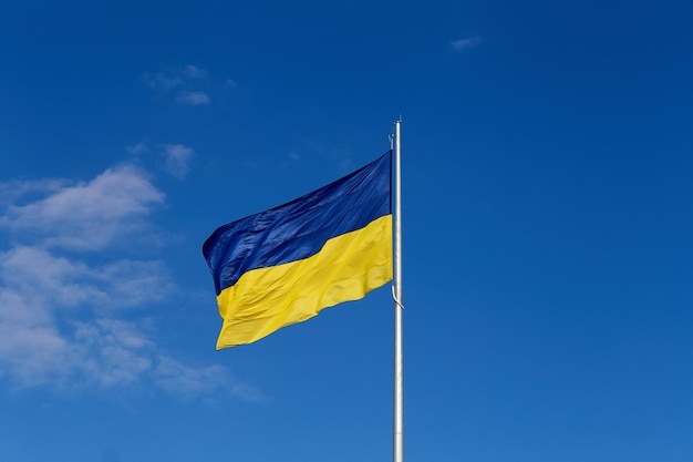 National flag of independent Ukraine waving in the wind