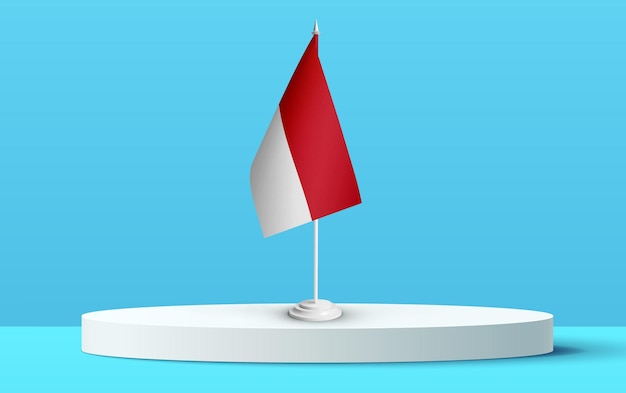 The National flag of indonesia on a podium and blue backkground.