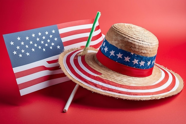 Photo national flag keyboard tea cup and straw hat on red background background a card for the independence day of the usa