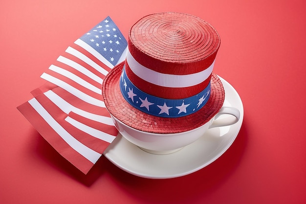 Photo national flag keyboard tea cup and straw hat on red background background a card for the independence day of the usa