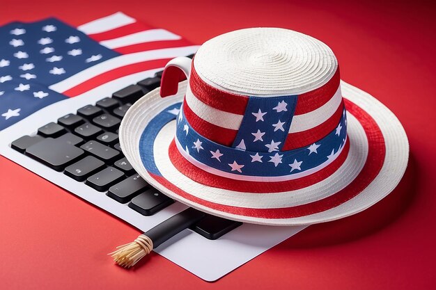 Photo national flag keyboard tea cup and straw hat on red background background a card for the independence day of the usa