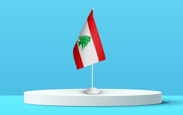 The National flag of lebanon on a 3D podium and blue backkground.