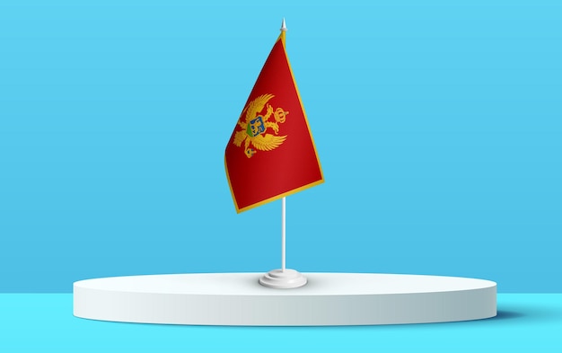 The National flag of montenegro on a 3D podium and blue backkground.