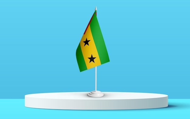 The National flag of sao_tome_and_principe on a 3D podium and blue backkground.