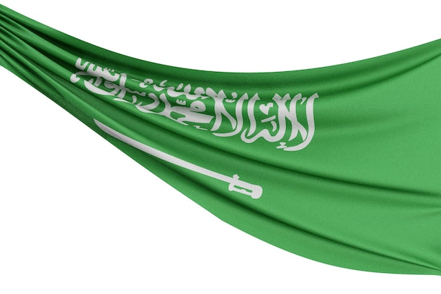 The national flag of Saudi Arabia Waving fabric flag with texture draped on a plain white background 3D Rendering