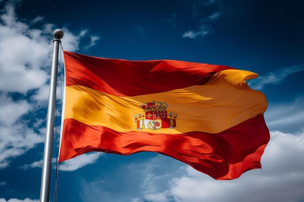 National flag of spain waving on the flagpole over a clear blue sky