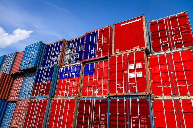 national flag of Taiwan on a large number of metal containers for storing goods stacked in rows