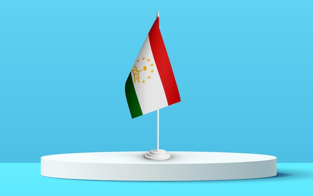 The National flag of tajikistan on a 3D podium and blue backkground.