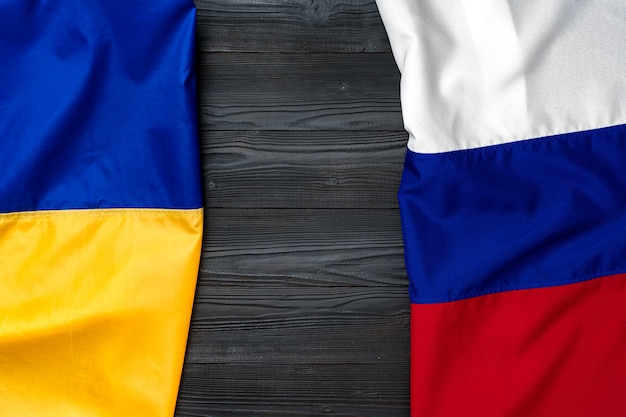 National Flags of Russia and Ukraine together, copy space