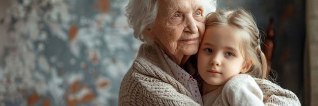 National Grandparents Day Horizontal banner Grayhaired grandmother hugs her granddaughter light background Free space for text Family day