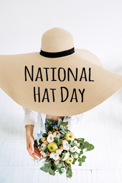 National hat day january greeting card banner with hipster woman and many straw hats stylish young