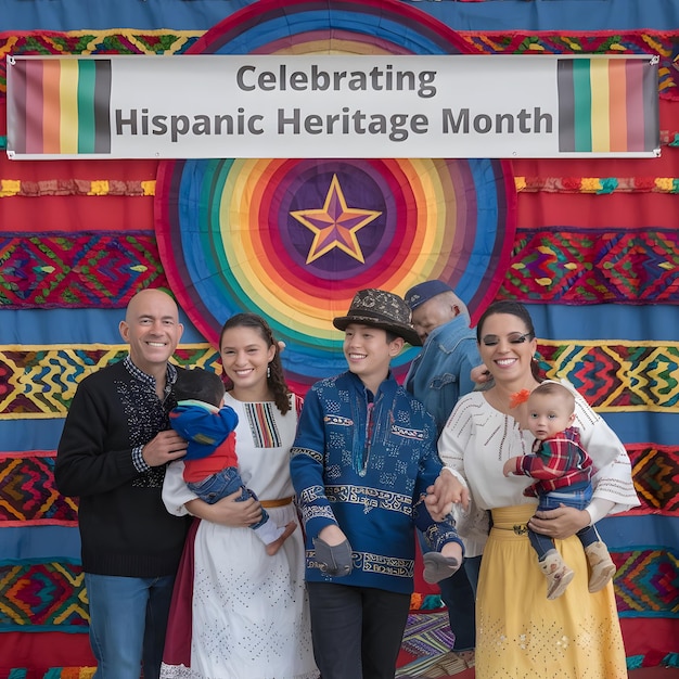 Photo national hispanic heritage month festival banner with vector border of tropical flowers guitar and