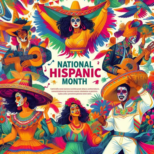 National Hispanic Heritage Month flyer people dancing vibrant colors face painting