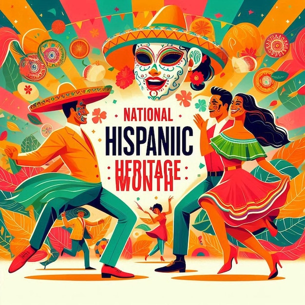 National Hispanic Heritage Month flyer people dancing vibrant colors face painting