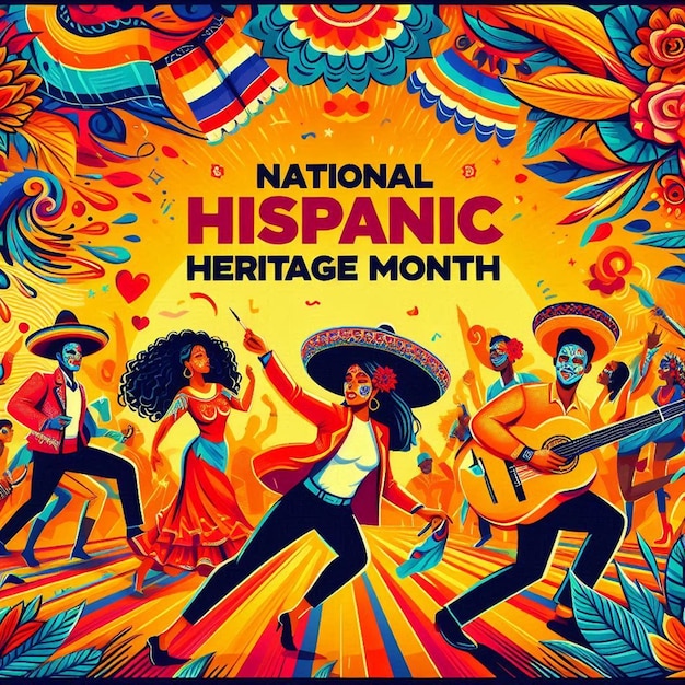 National Hispanic Heritage Month flyer people dancing vibrant colors face painting