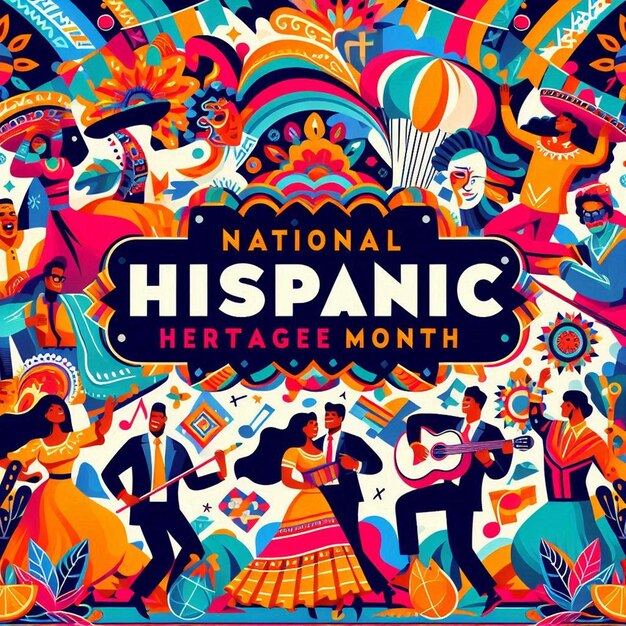 National Hispanic Heritage Month flyer people dancing vibrant colors face painting