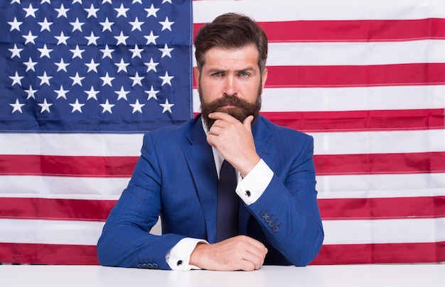 National holidays. Celebration of victory. Bearded hipster man being patriotic for usa. Proud of motherland. American reform. July 4. American citizen usa flag. American citizen. Elections in USA.