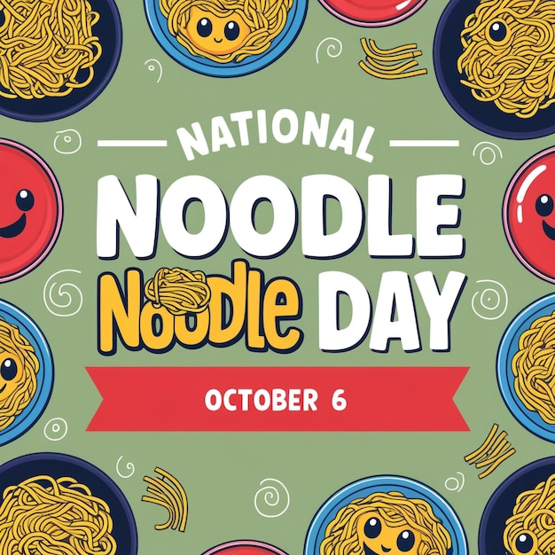 Photo national noodle day greeting card with cartoon noodle bowl character and seamless pattern background for october 6