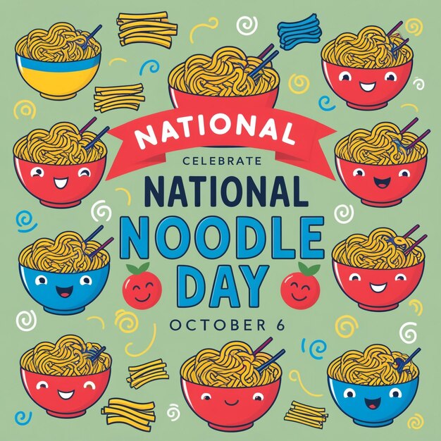 Photo national noodle day greeting card with cartoon noodle bowl character and seamless pattern background for october 6