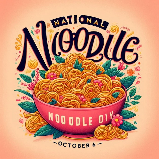 Photo national noodle day poster october 6 vector noodle bowl with tofu and vegetables icon