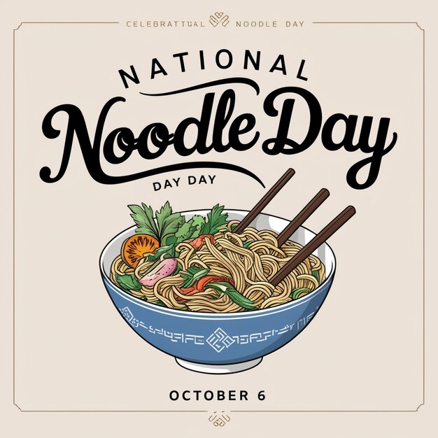 National Noodle Day Poster with Vector Noodle Bowl Tofu and Vegetables Icon for October 6