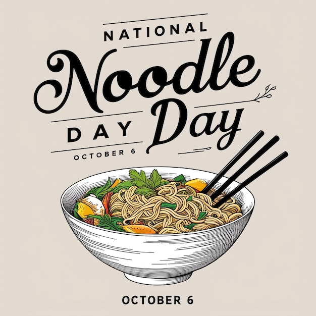 National Noodle Day Poster with Vector Noodle Bowl Tofu and Vegetables Icon for October 6