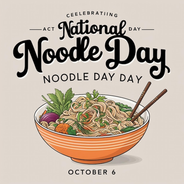 National Noodle Day Poster with Vector Noodle Bowl Tofu and Vegetables Icon for October 6