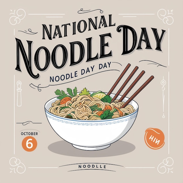 National Noodle Day Poster with Vector Noodle Bowl Tofu and Vegetables Icon for October 6