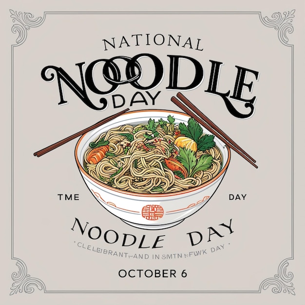 National Noodle Day Poster with Vector Noodle Bowl Tofu and Vegetables Icon for October 6