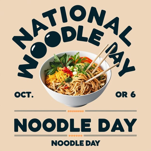 Photo national noodle day vector poster noodle bowl with tofu and vegetables icon october 6