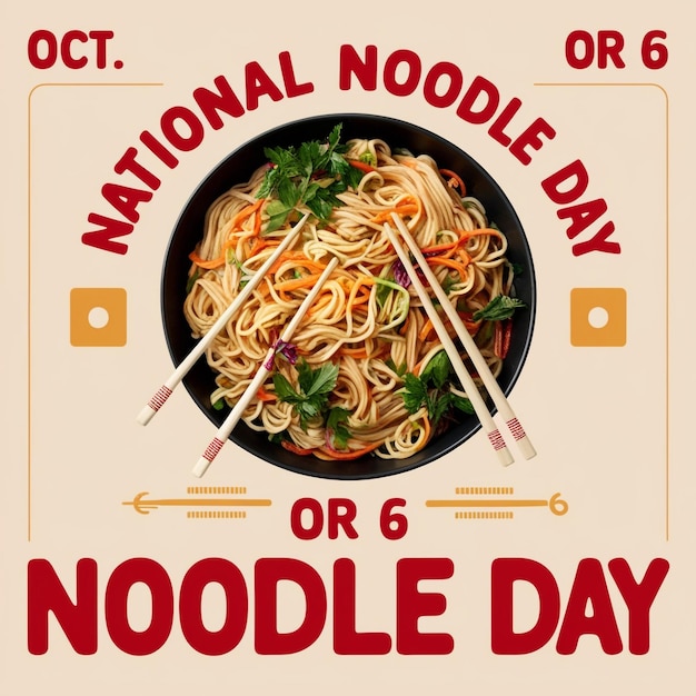 Photo national noodle day vector poster noodle bowl with tofu and vegetables icon october 6