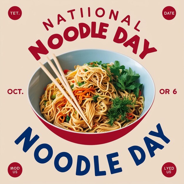 Photo national noodle day vector poster noodle bowl with tofu and vegetables icon october 6