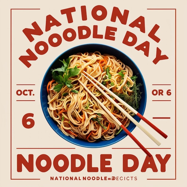 Photo national noodle day vector poster noodle bowl with tofu and vegetables icon october 6