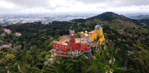 National Palace of Pena Sintra region Lisbon Aerial drone panorama of Famous place in Portugal