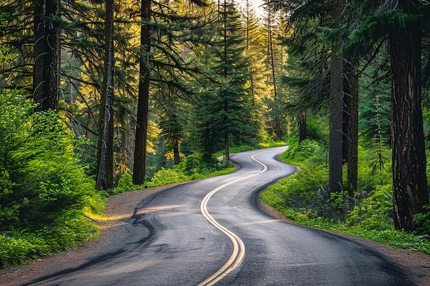 National Park Adventure Photograph featuring a winding road leading into a national park surrounded by towering trees and vibrant foliage perfect for summer outdoor activities