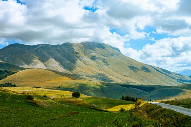 National Park of the Sibillini Mountains. Fields in Castelluccio di Norcia, Umbria, Italy.